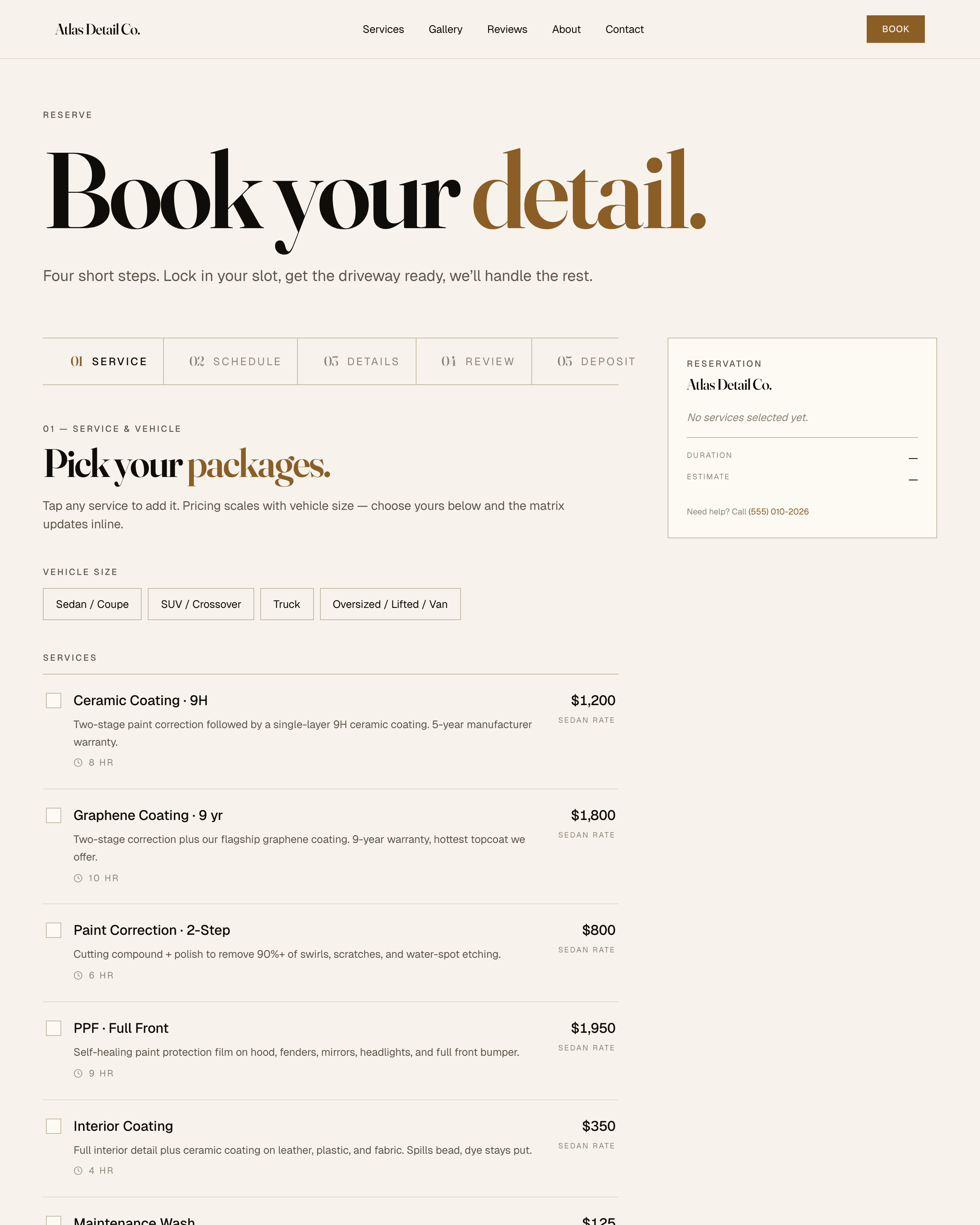 Online booking calendar with service selection and live reservation summary