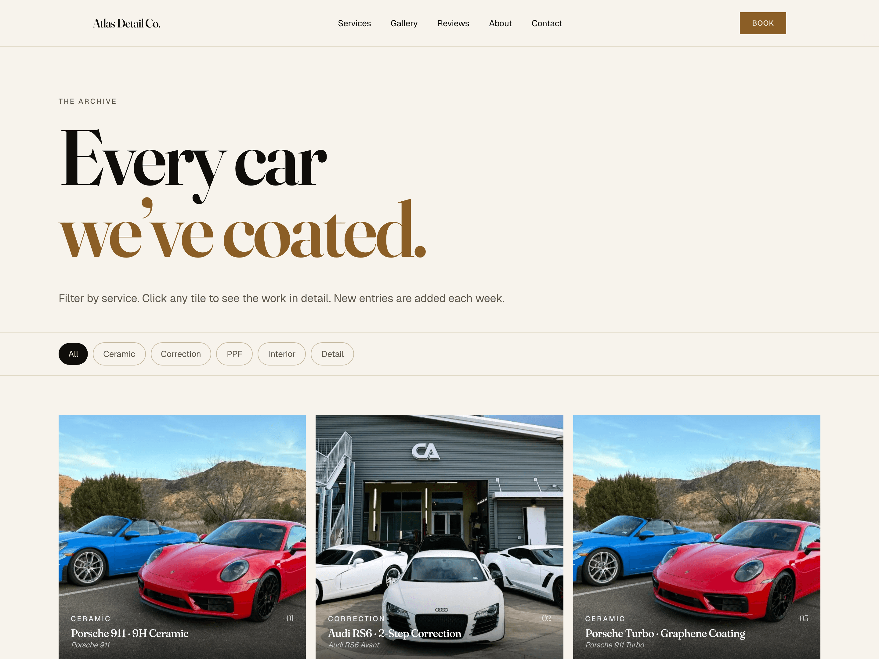 Before/after gallery filtered by service category