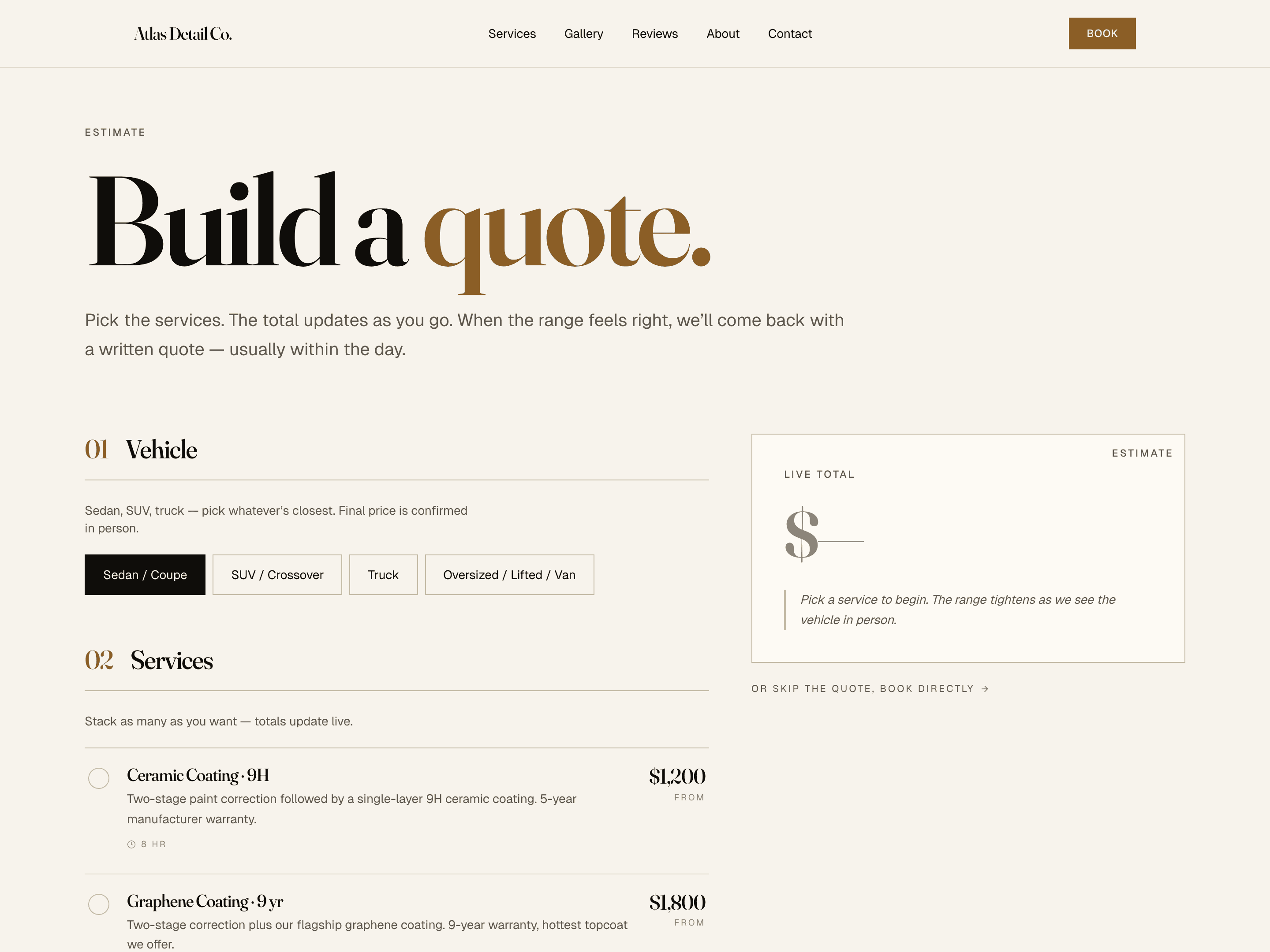 Quote calculator with vehicle size picker and live total